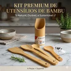 Kit De Utensílios De Cozinha Bambu 5 Peças Com Suporte