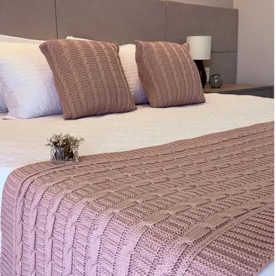 Kit Manta Peseira Cama Casal Queen King + Capa Almofada Luxo Decorativa Tricô Quarto Sala Sofá FI