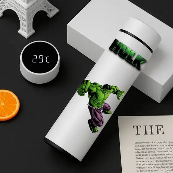 Garrafa Térmica Inox Hulk 500Ml Com Termometro Led Digital Desenho Marvel