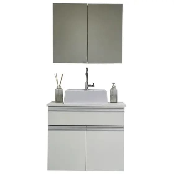 Kit Gabinete Banheiro Com Gaveta e Cuba + Aéreo com Espelho - 100% MDF - 60cm - MONTADO