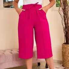 Calcas cortadas feminina de cor solida casual retas liso tecido duna ate a canela