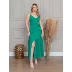 Vestido Longo Com Cinto De Alcina e Botões Na Frente