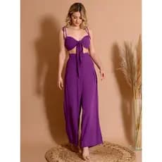 Conjunto de Top Com Bojo e Calça Pantalona de Viscose