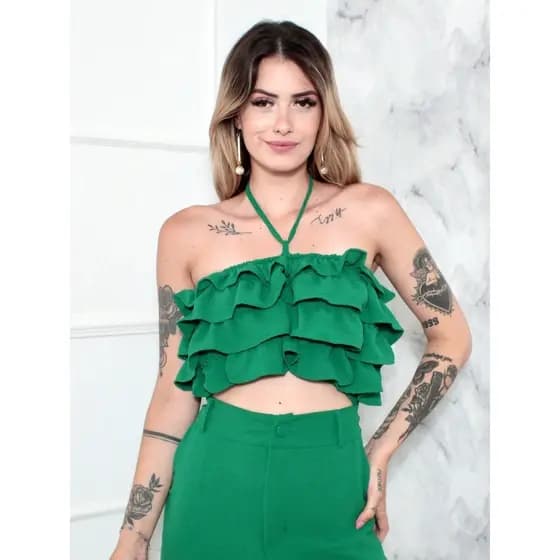 Conjunto Feminino Calça Pantalona e Cropped Babado