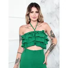 Conjunto Feminino Calça Pantalona e Cropped Babado