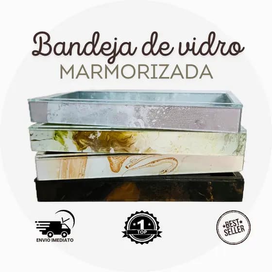 Bandeja decorativa luxo de vidro efeito mármore 10x20cm dourado prata
