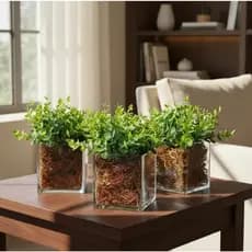 Kit 3 vasinhos de vidro com planta artificial para decoração