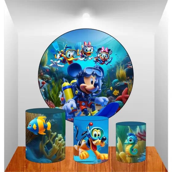 KIT PARA FESTAS, MICKEY FUNDO DO MAR, REDONDO 1,5M DE DIÂMETRO + 3 CAPAS DE CILINDROS