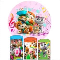 Kit Painel de Festa 44 Gatinhos Redondo em Tecido Sublimado 1,50x1,50m + 3 capas cilindro