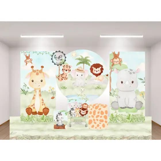 KIT COMPLETO PARA FESTAS, TEMA SAFARI AQUARELA, REDONDO 1,5m DE DIÂMETRO + CILINDROS + 2 LATERAIS VERTICAIS S/ ELÁSTICO