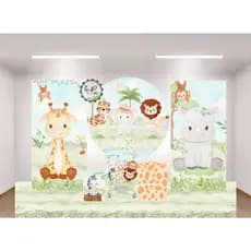 KIT COMPLETO PARA FESTAS, TEMA SAFARI AQUARELA, REDONDO 1,5m DE DIÂMETRO + CILINDROS + 2 LATERAIS VERTICAIS S/ ELÁSTICO