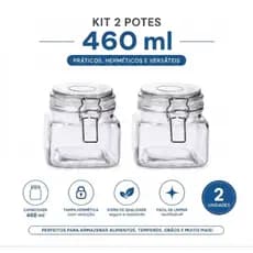 Kit 2 Potes de Vidro Com Trava Sofisticada e Hermético 460ml.