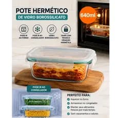 Marmita de Vidro Borossilicato 640ml Hermética com Travas Forno/Congelador
