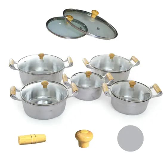 Kit conjunto Jogo de Panela Tampa de Vidro Polido Premium Alumínio Fundido Batido Grosso Cabo de Madeira