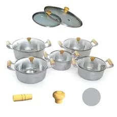 Kit conjunto Jogo de Panela Tampa de Vidro Polido Premium Alumínio Fundido Batido Grosso Cabo de Madeira
