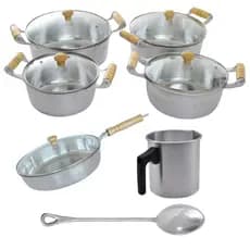 Kit Conjunto Jogo De Panelas Frigideira Leiteira Alumínio Fundido 7 Pçs Cabo De Madeira