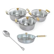 Produto Kit Conjunto Jogo Panela Frigideira 5 pçs alumínio Fundido Batido Grosso Cabo de Madeira Tampa De Vidro