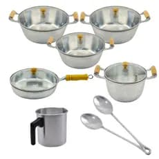 Kit Conjunto Jogo De Panelas Frigideira Caldeirão Leiteira Alumínio 8 Pçs Cabo de Madeira