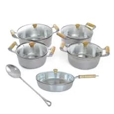 Kit Conjunto Jogo de Panelas e Frigideiras Tampa de Vidro Alumínio Fundido Resistente Cabos de Madeira 6 pçs
