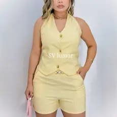 Conjunto Femenino Sensorial Marrante Plus Size Colete Gola V 3 Botões Chic e Short
