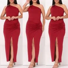Vestido Longo de Suplex Um Ombro Só com Fenda e Drapeado Lateral