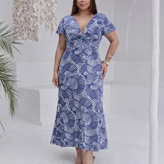 Vestido Longo Suplex Premiun Estampado – Decote V e Manga Curta Elegante