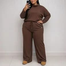 Conjunto Feminino Plus Size Canelado Gola Boba Pantalona Inverno GG/G2