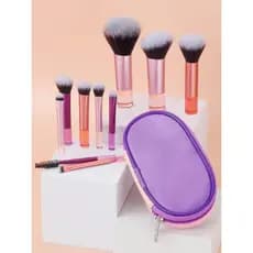 Conjunto de 10 pincéis de maquiagem portáteis multicoloridos com bolsa de armazenamento, incluindo pincel para blush