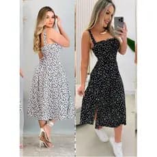 Vestido Mídi Romântico Estampado  Floral com Alça e Elastex Cruzado Costa O1