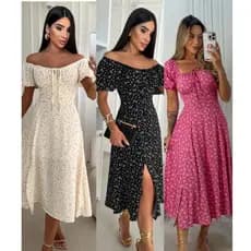 Vestido  Feminino Mídi Romântico Estampado  Floral com Manguinha e Elastex Cruzado Costa Moda 2026