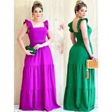 Vestido Longo Luxo com Babada na Manga e Renda na Cintura Moda