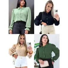 Camisa Feminina Social com Botão  Manga Longa Elegante no Tecido Duna  Super Tendências Moda