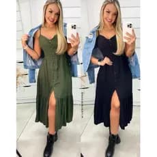Vestido Longo Com Botões A Frente Com Babado e Bojo  Elástico Costas Moda 2026