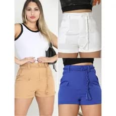 Short  Femenino Cintura Alta Tecido Alfaiateria com Cinto Cordão Moda Verão Cores Variados