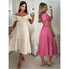 Vestido Mídi Romântico Floral com Manguinha e Elastex Cruzado Costa Tendencia 2026
