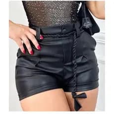 Short Feminino Couro Courino Com Cinto De Cordão Amarração Social Tendencia 2026