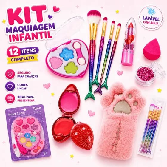Kit de Maquiagem Infantil Completa com Estojo de Pelúcia Premium
