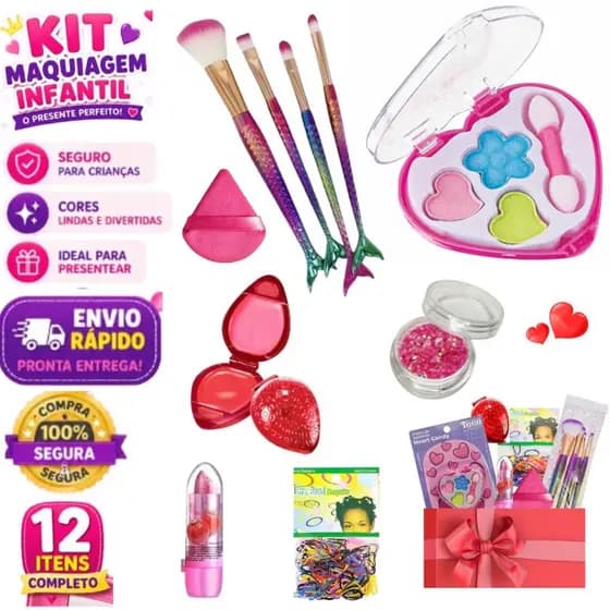 Kit de Maquiagem Infantil com 12 Itens – Seguro, Lavável e Encantador Presente Menina