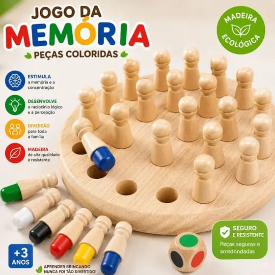 Jogo da Memória em Madeira Educativo Infantil Montessori Pinos Coloridos e Dado Brinquedo Pedagógico