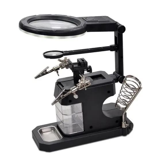 Suporte Ferro de Solda com Grampos Auxiliares/Iluminação em LED/ Lupa de Aumento 2.5D 7.5D/ 3 gavetas