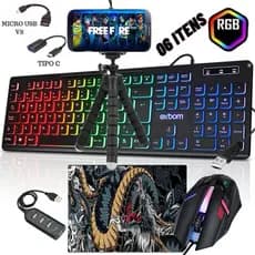 Kit Mobilador Gamer RGB Para Android Com Teclado Mouse Tripé e Adaptador C e V8 Free Fire