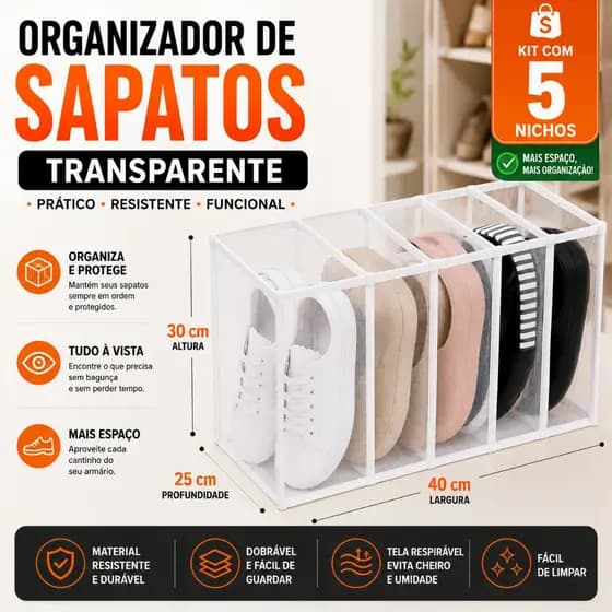 Organizador de Sapatos Transparente Kit 2 Sapateira Colmeia 5 Nichos Guarda Tênis Closet