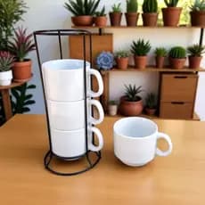 Xícara Café Chá Branca Empilhavel Caneca Porcelana Hotel Suporte Ferro 200ml