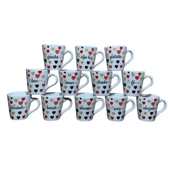 Jogo 12 Caneca Porcelana Frases Coração Motivação Xícara Chá Café
