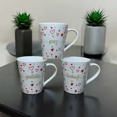 Jogo Caneca Porcelana Gratidao Amor Love Fé Xícara Personalizada Café Chá