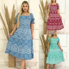 Vestido feminino midi floral tricoline moda feminina evangélica dress elegante romântico verão