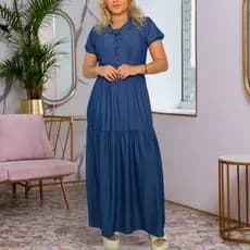 Vestido longo feminino imitação jeans chambre azul luxo moda evangélica elegante moderna confortável