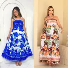 Vestido longo feminino alça floral elegante lastex tendência moda feminina verão festa estampado