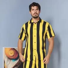 Camisa Conjunto listrada masculina slim fite Manga curta férias na praia viscolinho