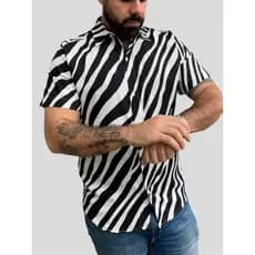 Camisas Slim Masculina Viscose Slim Fit Lisa Alta Qualidade Verao Estampada Zebra Preto e Branco Listrado